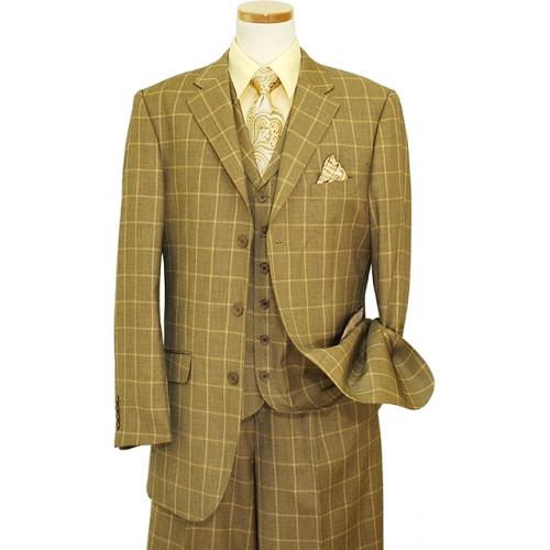 Bertolini Taupe Shadow Windowpanes Wool & Silk Vested Suit 76703